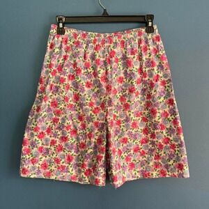Vintage 90s Floral Shorts Women's Size Medium Purple Pink Pull‎ On Retro Cottage